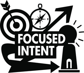 Focused Intent Target Bullseye Compass Arrow Vector Black Hand Drawn Typography Logo Emblem Badge Icon Silhouette Vintage Retro Graphic Success Goal Strategy