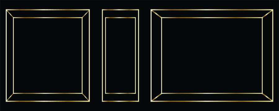 Set of golden thin frames. Gold geometric borders in art deco style. Thin linear square and rectangle collection. Yellow glowing shiny boarder element pack. Vector bundle for photo modern.
