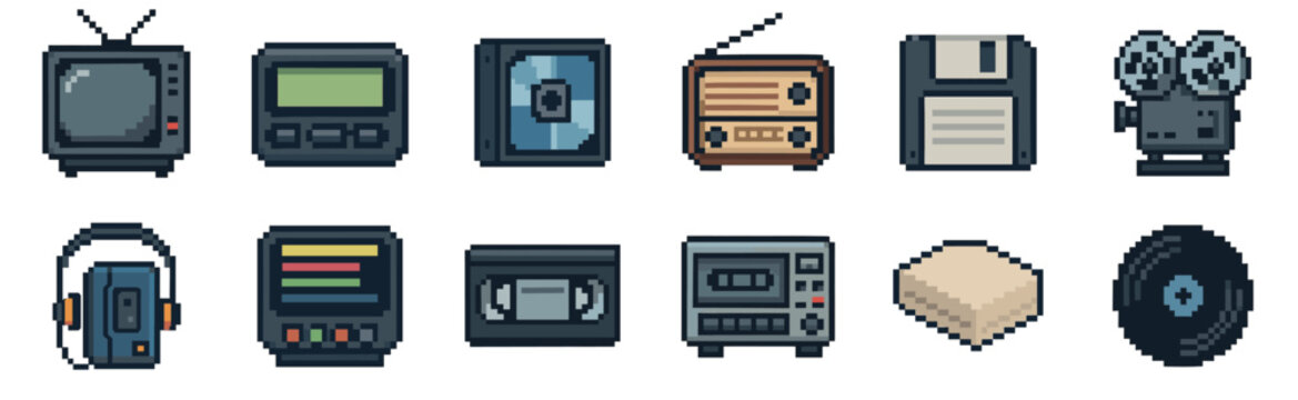Collection of retro technology pixel art icons representing nostalgic 80s and 90s media like a television, radio, cassette player, floppy disk, vhs tape, and movie camera