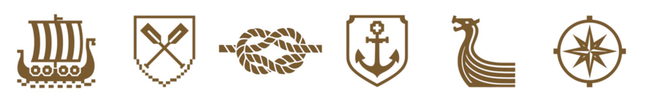 Set of six brown nautical icons featuring a Viking longship, crossed oars, a rope knot, an anchor, a dragon prow, and a compass rose in a minimalist graphic style
