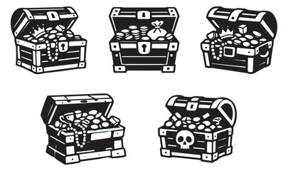 Hand drawn line art treasure chest set featuring various gold coins, jewels, and pirate elements for adventure and wealth concepts
