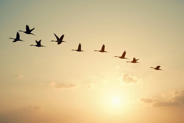 Silhouetted birds with tranquil mood flying across golden sunset sky