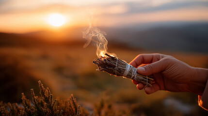 Hand holding burning sage bundle at sunset smudging cleansing ritual spiritual purification practice wellness ceremony metaphysical healing golden hour lighting smoke rising