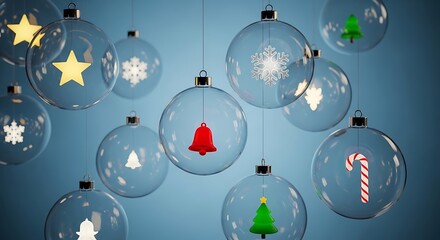 A collection of clear glass Christmas baubles hangs suspended featuring various illuminated holiday icons like stars and snowflakes.