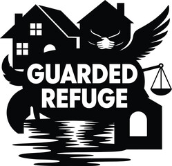 Guarded Refuge House Wings Shield Vector Black Hand Drawn Typography Logo Emblem Badge Icon Silhouette Vintage Retro Graphic Home Safety Protection Security