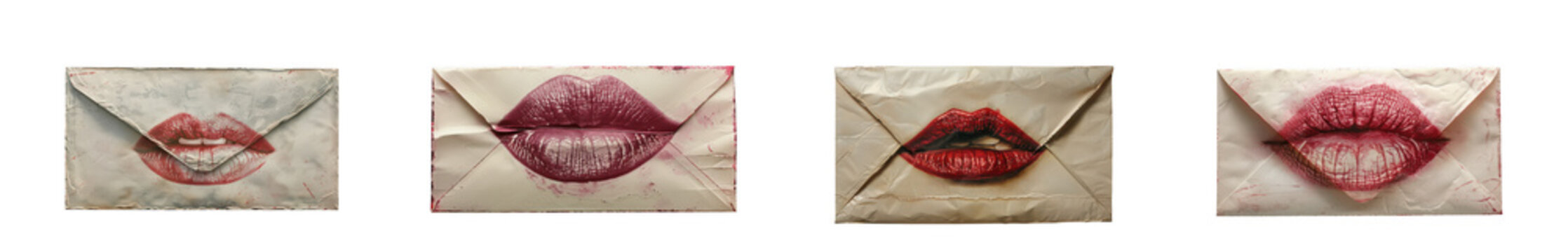 A series of four square images depicting close up views of red lips and teeth on transparent background