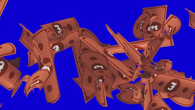 flying money cash notes with Great British UK sterling pound &pound; symbol, scattered orange notes randomly flying sideways horizontally across screen in both directions with blue chroma key background 4K