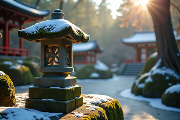 Stone lantern in traditional style with green moss and snow representing peaceful winter morning against blurry temple background