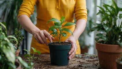 Person Planting Small Green Plant in Black Pot in Indoor Garden Space During Daytime