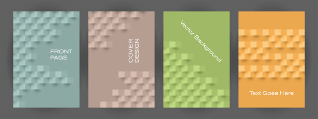 Minimalist cover design set with 3D geometric cube patterns in pastel colors. Abstract vertical posters for business reports and presentations. Professional modern vector templates. Square 3D texture