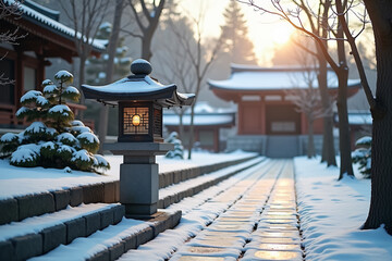 Traditional stone lantern with soft glowing light standing in snow-covered temple courtyard in realistic style in white and grey colors representing serenity