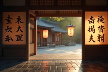 Blurred view of temple gate with glowing paper lanterns in traditional style in warm orange colors representing spiritual entrance