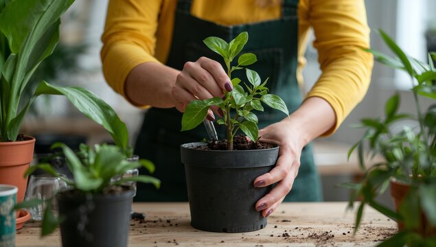 Person Planting Small Green Plant in Black Pot in Indoor Garden Space During Daytime - Powered by Adobe