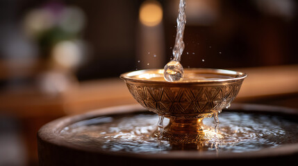 Sacred blessed water in ornate vessel religious purification symbol spiritual cleansing ritual divine sanctity representation faith tradition ceremonial practice soft