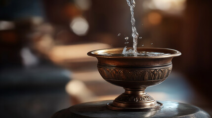 Sacred blessed water in ornate vessel religious purification symbol spiritual cleansing ritual divine sanctity representation faith tradition ceremonial practice soft