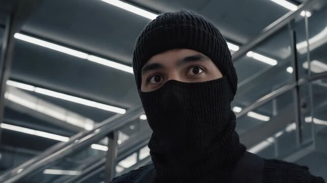 Intense Man Wearing Black Ski Mask Looking Directly at Camera - Urban Vigilance and Mysterious Portrait