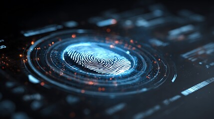 Glowing digital fingerprint in a futuristic interface, representing security and identification