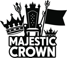 Majestic Crown Shield Laurel Wreath Vector Black Hand Drawn Typography Logo Emblem Badge Icon Silhouette Vintage Retro Graphic Success Royal Authority Honor