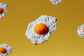 Floating fried eggs on yellow background &ndash; surreal food concept for creative design and advertising
