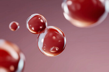 Macro of red oil drops on gradient background &ndash; abstract science and beauty concept
