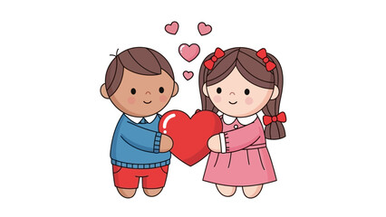 Cartoon Boy and Girl Holding Heart Together.