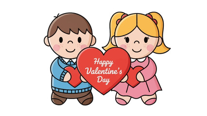 Cartoon Boy and Girl Holding Heart.