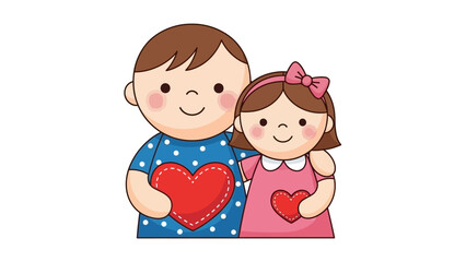 Cartoon Boy and Girl Holding Hearts Together.