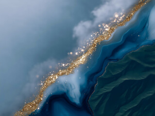 Abstract marble texture in blue and white with gold accents &ndash; modern minimal background for branding or design
