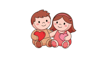 Cartoon Boy and Girl Hugging Teddy.
