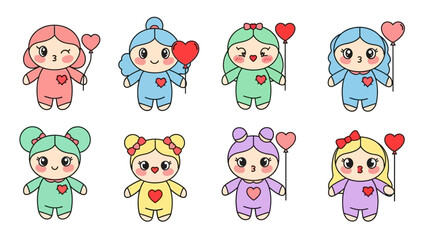 Cartoon Characters with Hearts and Colorful Outfits.