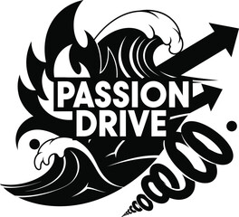 Passion Drive Heart Flames Gear Rocket Vector Black Hand Drawn Typography Logo Emblem Badge Icon Silhouette Vintage Retro Graphic Love Motivation Power Action