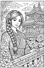 Refined line illustration of an elegant woman in a traditional gown standing on a garden balcony framed by blossoms and a palace, ideal for coloring books and cultural designs.