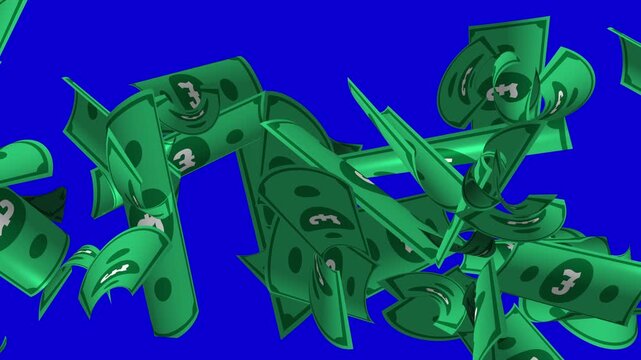 flying money cash notes with a Great British UK sterling pound &pound; symbol, scattered green notes randomly flying sideways horizontally across screen in both directions with blue chroma key background 4K