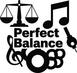 Perfect Balance Scales Musical Note Vector Black Hand Drawn Typography Logo Emblem Badge Icon Silhouette Vintage Retro Graphic Justice Sound Law Harmony