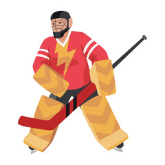 Ice hockey player. Athletes in uniform, dynamic pose, team sports on ice, winter game, goalkeeper, defender, cartoon flat style isolated vector
