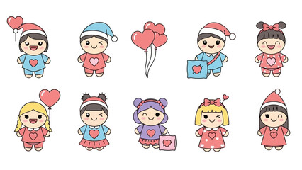 Cute Cartoon Children with Hearts and Balloons.