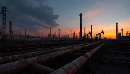 Oil industry operations at sunset with pumpjacks and pipelines