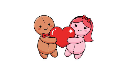 Gingerbread Man and Gingerbread Woman Hugging Heart.