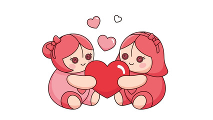 Two Cartoon Girls Holding Red Heart Together.