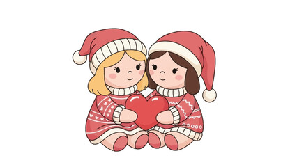Two Cartoon Girls Holding Red Heart Together 1.