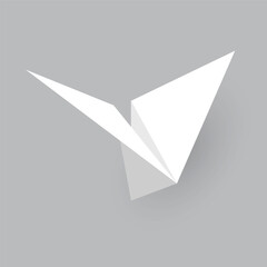 Paper plane model. Origami handmade aircraft view. Vector white paper airplane with shadow, isolated on gray background