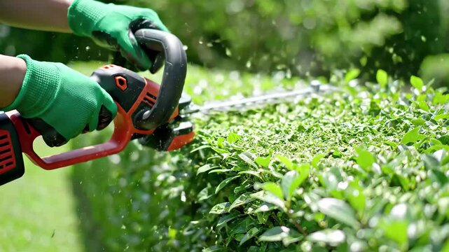 Gardener trimming a green hedge with an orange and black electric hedge trimmer while wearing green gloves