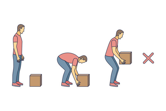 Lifting technique safe movement. Safety. Correct and incorrect instruction for moving heavy packages for workers. Ergonomic movement for loading objects vector flat illustration