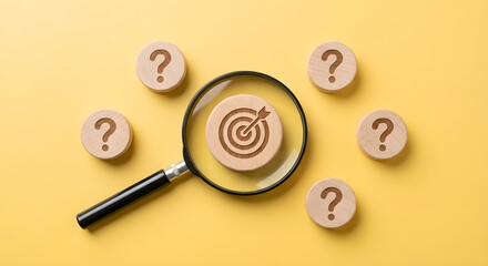 magnifying glass on wooden target with question marks