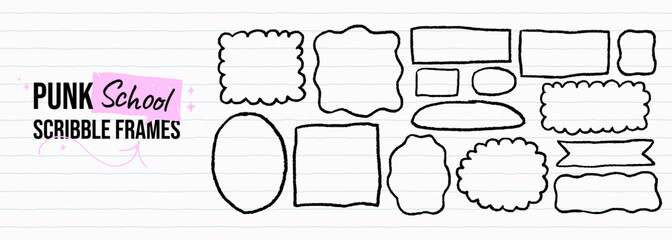 Black school scribble frame collection. Rough crayon drawn borders, text boxes, and shapes with ballpoint pen textures. Chalk doodle line pencil rectangles and wavy ovals for emphasis text.