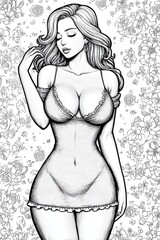 Detailed black and white illustration of an elegant woman in a fitted dress framed by intricate floral patterns, ideal for adult coloring books, fashion projects, or decorative prints.