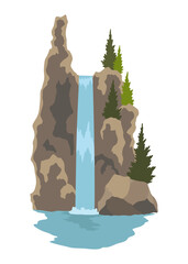 Cartoon river waterfall. Landscape with mountains and trees. Design element for travel brochure or illustration mobile game. Fresh natural water