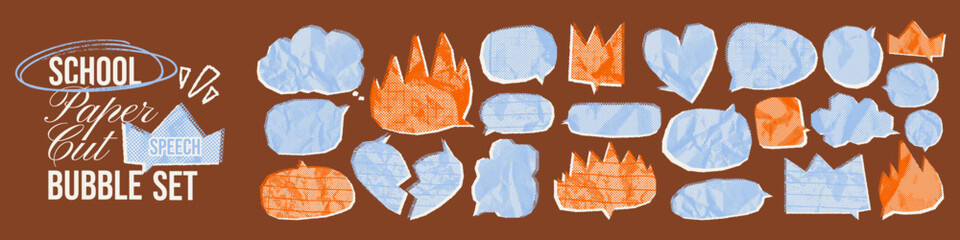Paper cut speech bubbles. Cutout halftone irregular shapes crowns, hearts, flames for text. Funky childish dialogue talk balloons. Blank scrapbook collage silhouettes. Vector dotted text clouds.