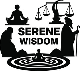 Serene Wisdom Meditating Figure Sun Scales Vector Black Hand Drawn Typography Logo Emblem Badge Icon Silhouette Vintage Retro Graphic Yoga Zen Wellness Peace Balance