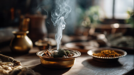Incense smoke rising in vintage mystical setting herbs and spices arranged spiritual ritual atmosphere aromatic ceremony meditation practice ancient tradition atmospheric